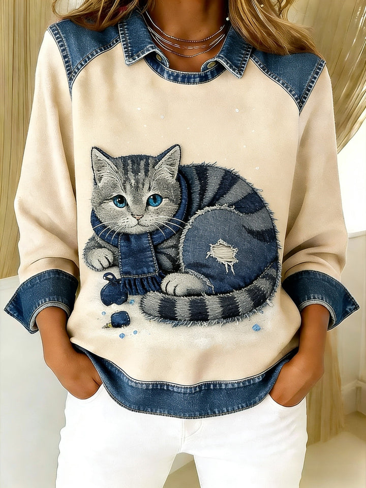Eponin - Retro Kedi Desenli Denim Patchwork Sweatshirt