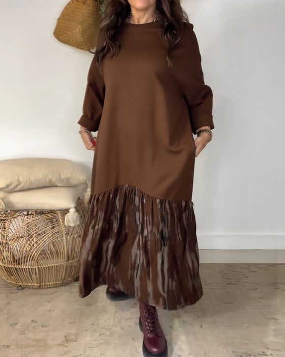 Dragica - Düzensiz Patchwork Desenli Yuvarlak Yakalı Elbise