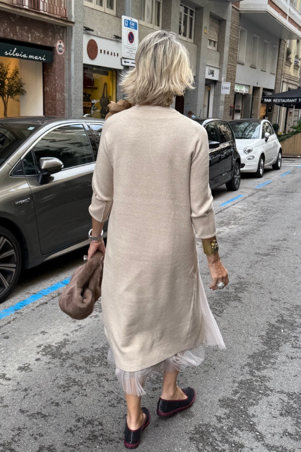 Oona - Drapeli Tül Elbise ve Uzun Örgü Kazak