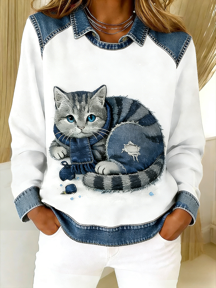 Eponin - Retro Kedi Desenli Denim Patchwork Sweatshirt
