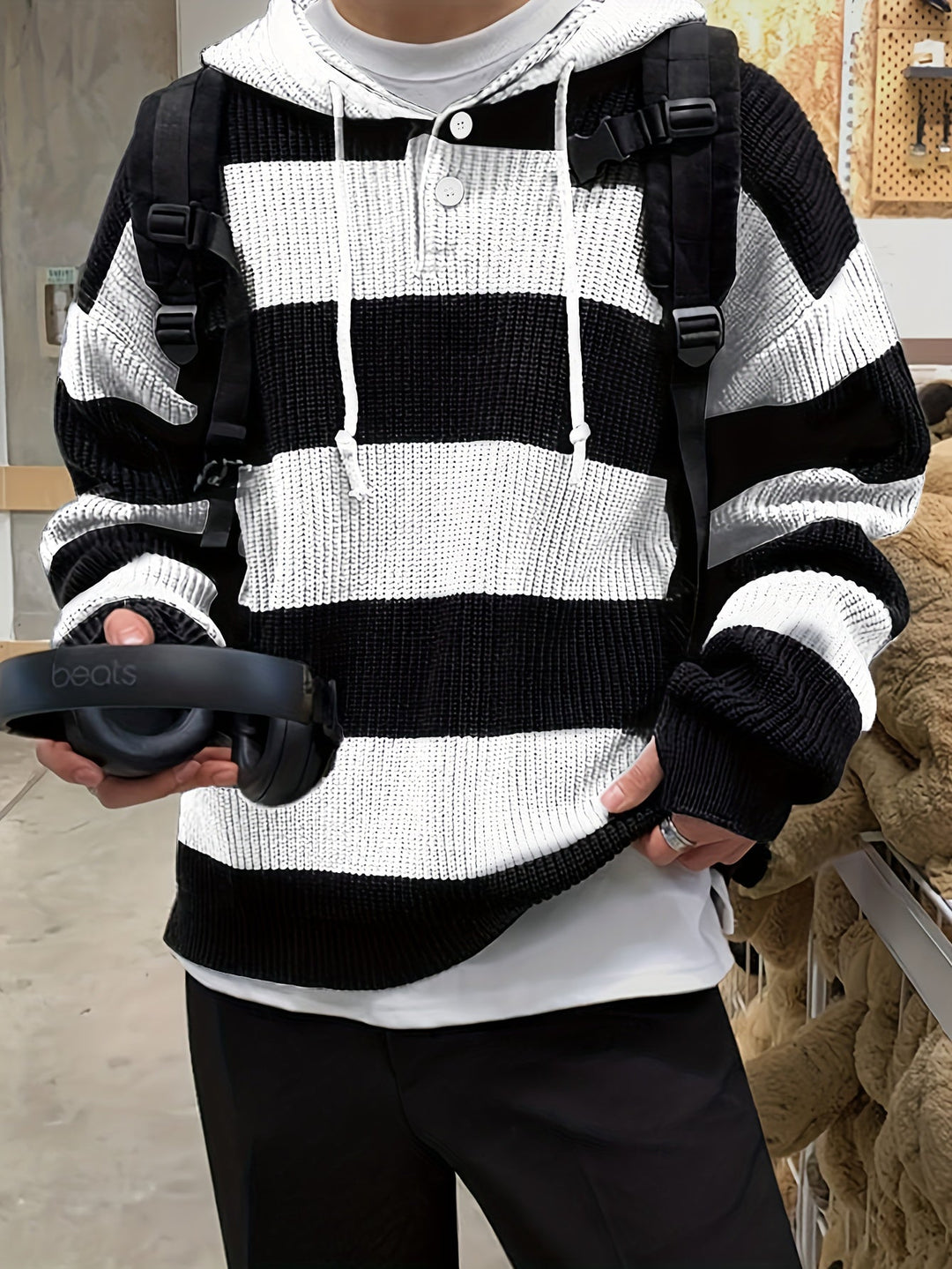 Tenzin - Büyük Boy Çizgili Örgü Kapüşonlu