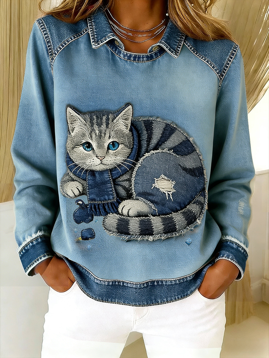 Eponin - Retro Kedi Desenli Denim Patchwork Sweatshirt