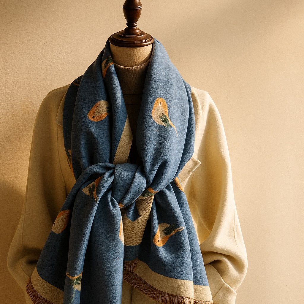 Jesmyn - Kuş Desenli Çift Taraflı Yün Eşarp