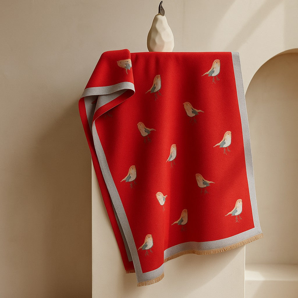 Jesmyn - Kuş Desenli Çift Taraflı Yün Eşarp