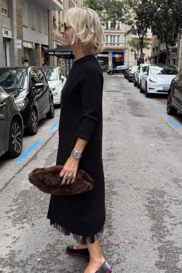 Oona - Drapeli Tül Elbise ve Uzun Örgü Kazak