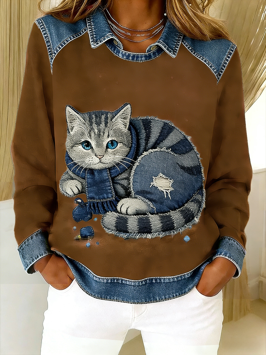 Eponin - Retro Kedi Desenli Denim Patchwork Sweatshirt