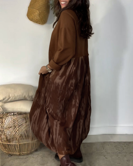 Dragica - Düzensiz Patchwork Desenli Yuvarlak Yakalı Elbise