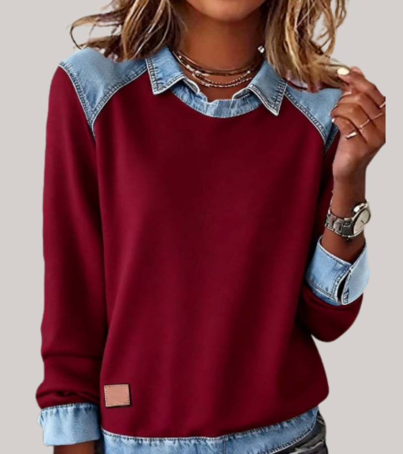 Ravit - Uzun Kollu Denim Örgü Üst