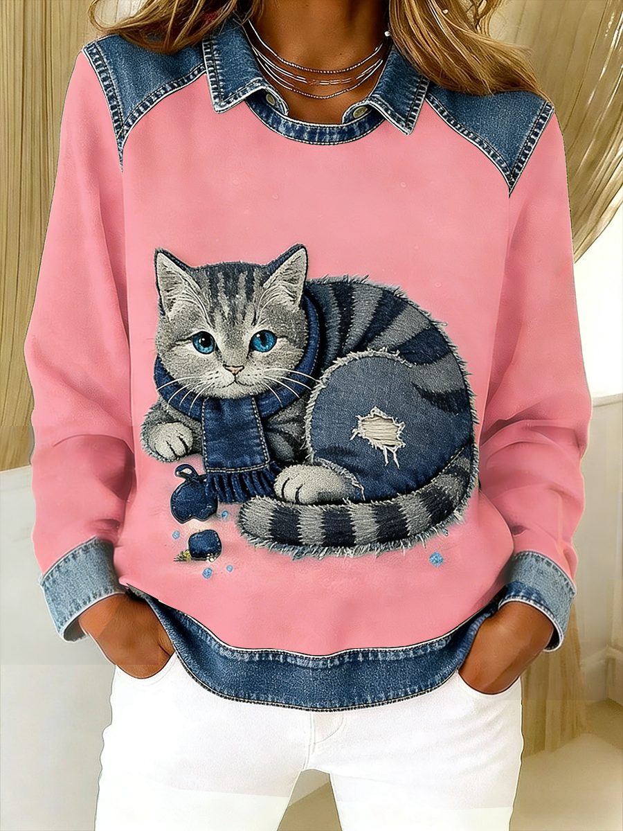 Eponin - Retro Kedi Desenli Denim Patchwork Sweatshirt