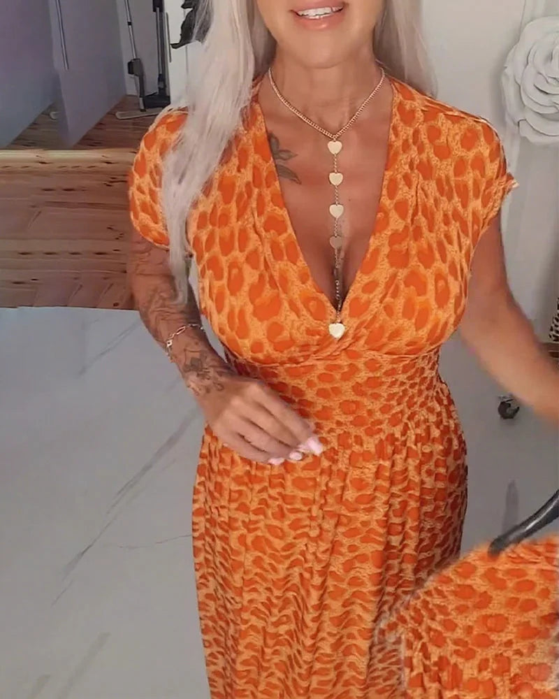 Erendira - Zarif V Yaka Leopar Desenli Elbise