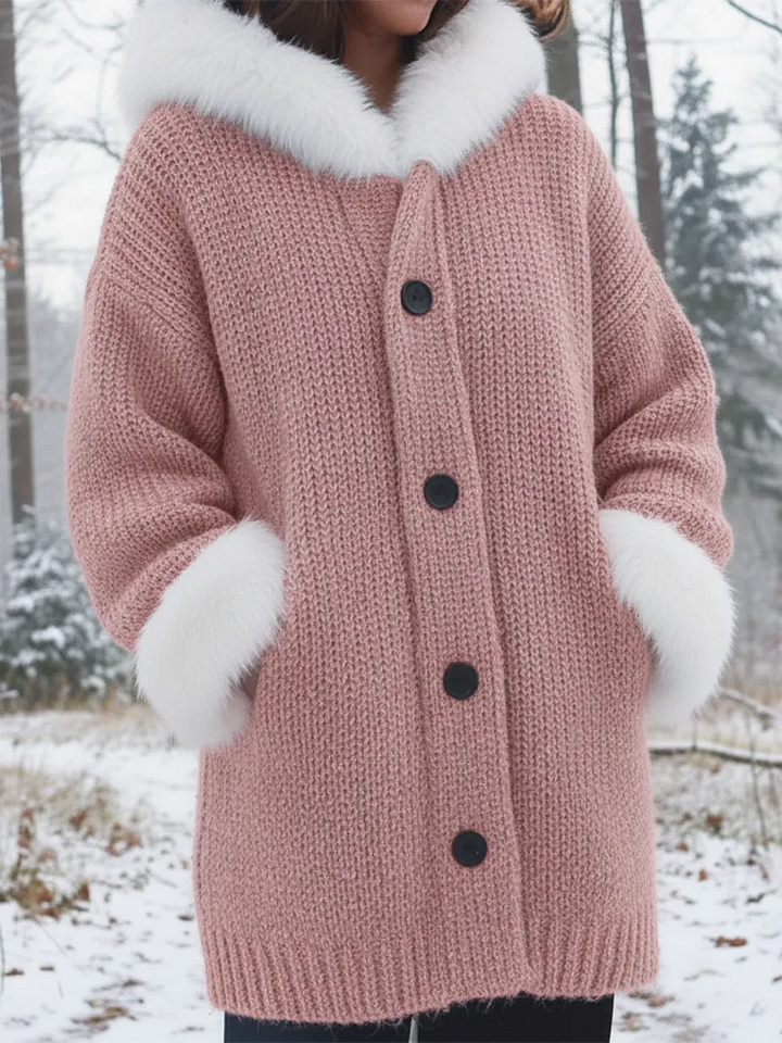 Nodia - Suni Kürk Süslü Örgü Kapüşonlu Mont