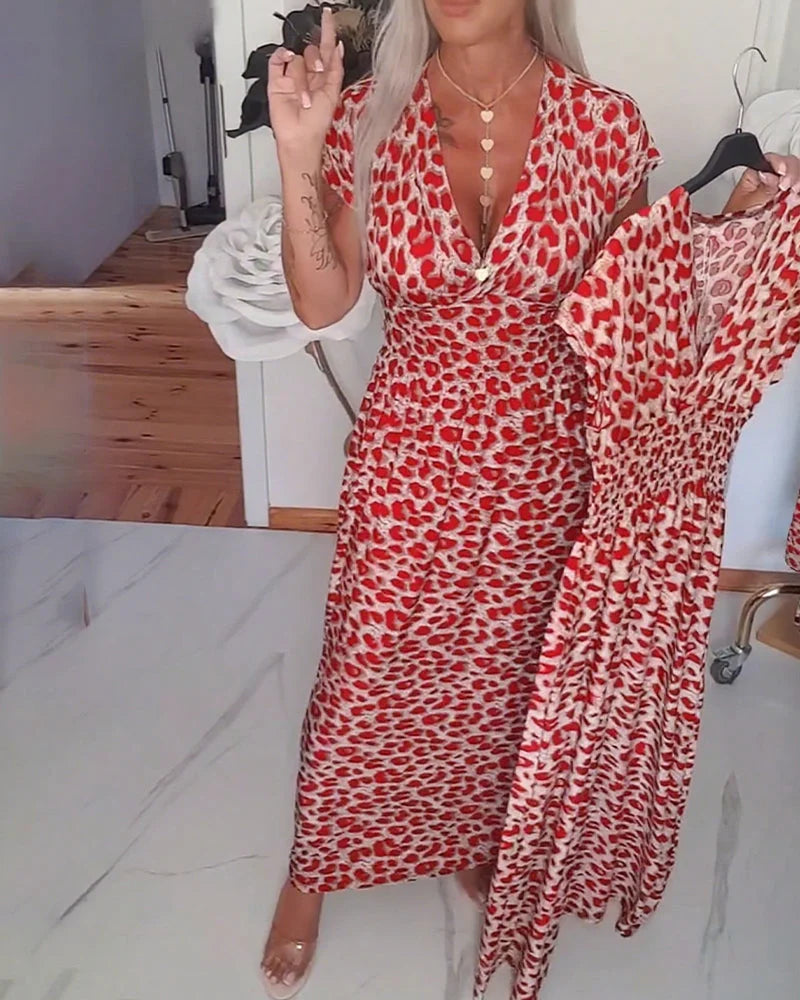 Erendira - Zarif V Yaka Leopar Desenli Elbise