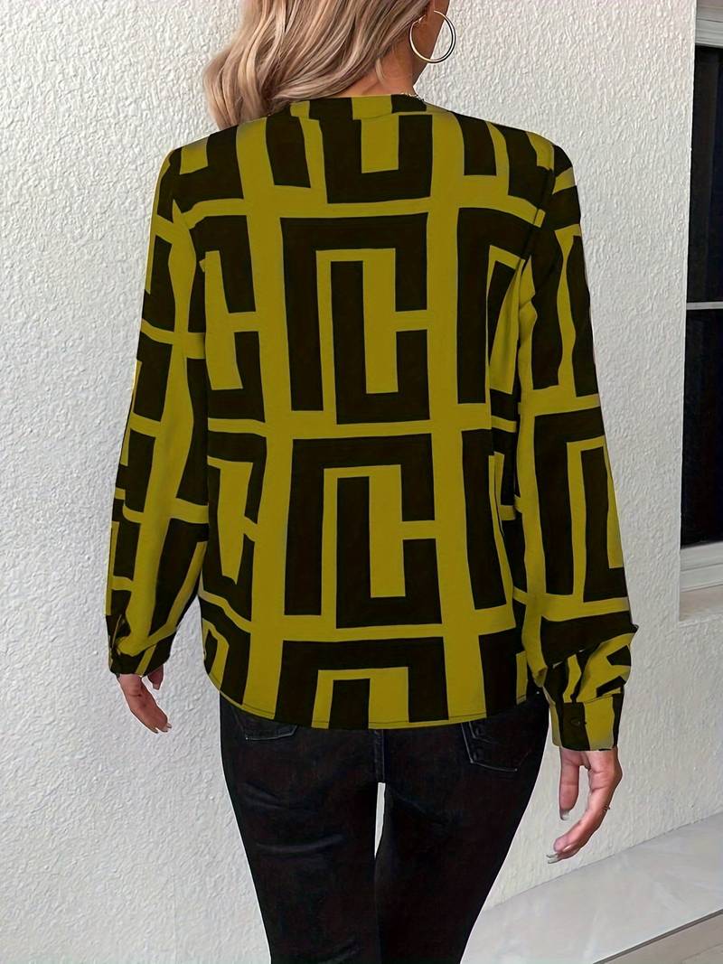 Tzipora - Geometrik Desenli Zarif Uzun Kollu Bluz