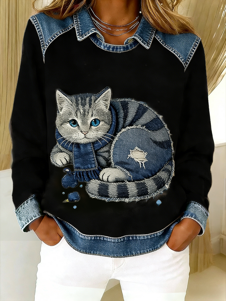 Eponin - Retro Kedi Desenli Denim Patchwork Sweatshirt