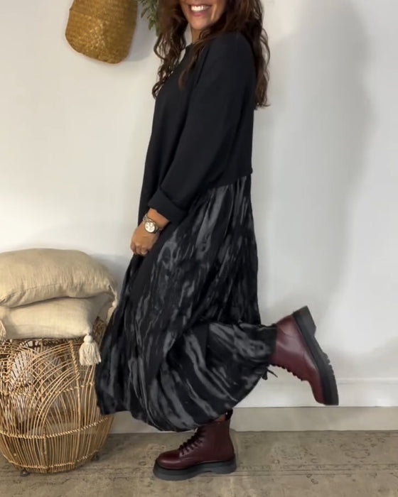 Dragica - Düzensiz Patchwork Desenli Yuvarlak Yakalı Elbise