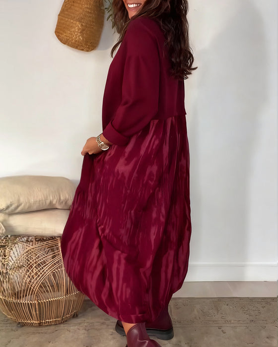 Dragica - Düzensiz Patchwork Desenli Yuvarlak Yakalı Elbise