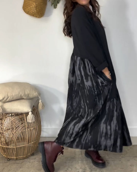 Dragica - Düzensiz Patchwork Desenli Yuvarlak Yakalı Elbise