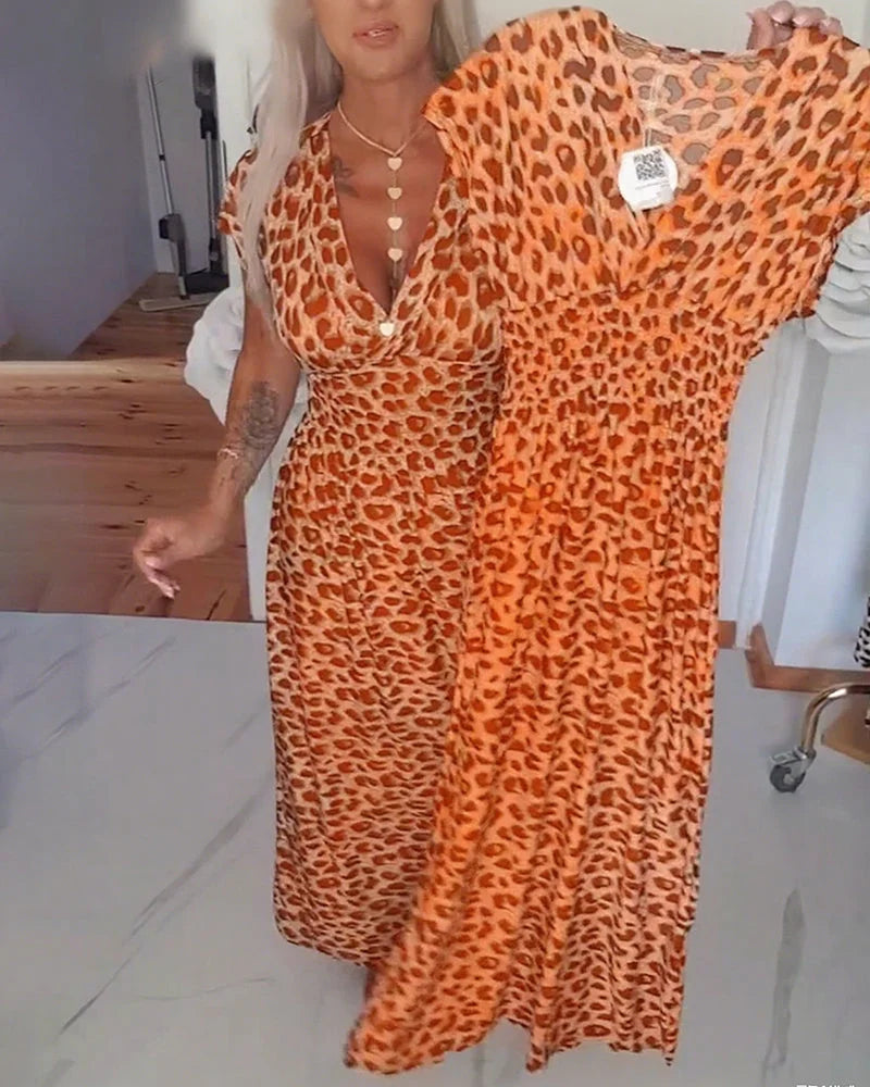 Erendira - Zarif V Yaka Leopar Desenli Elbise
