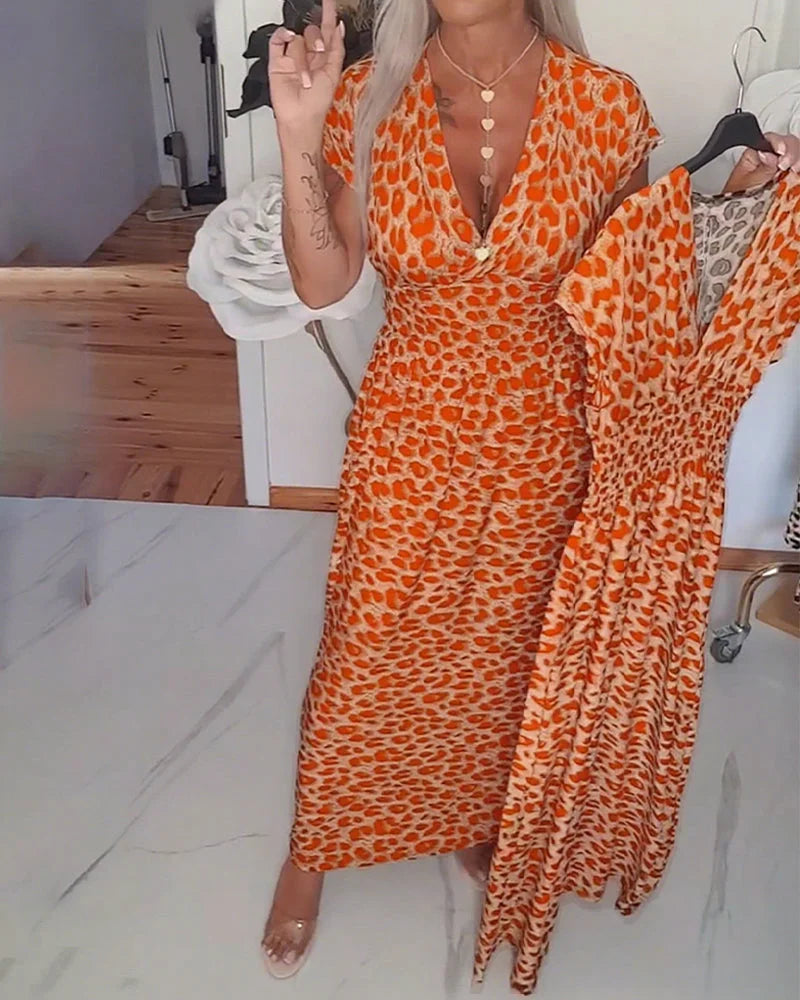 Erendira - Zarif V Yaka Leopar Desenli Elbise