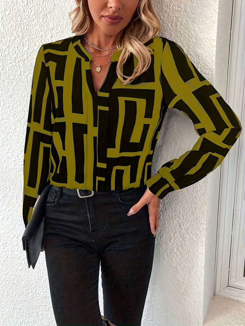 Tzipora - Geometrik Desenli Zarif Uzun Kollu Bluz