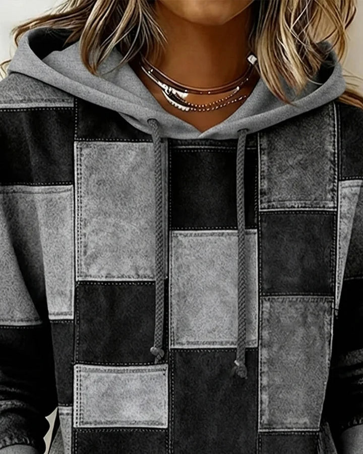 Yaralyn - Şık Ekose Uzun Kollu Kapüşonlu Sweatshirt