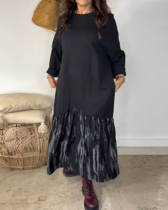 Dragica - Düzensiz Patchwork Desenli Yuvarlak Yakalı Elbise