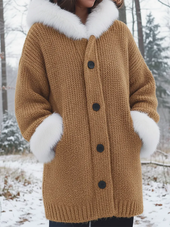 Nodia - Suni Kürk Süslü Örgü Kapüşonlu Mont