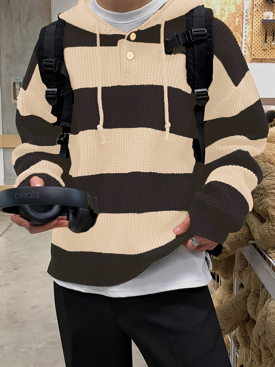 Tenzin - Büyük Boy Çizgili Örgü Kapüşonlu