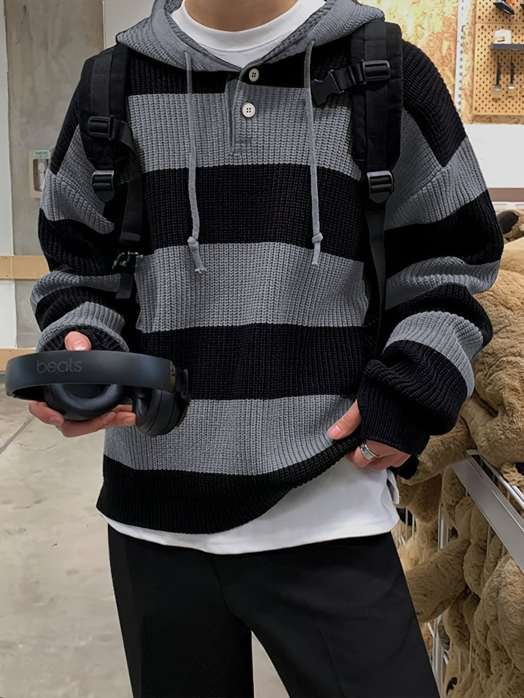 Tenzin - Büyük Boy Çizgili Örgü Kapüşonlu