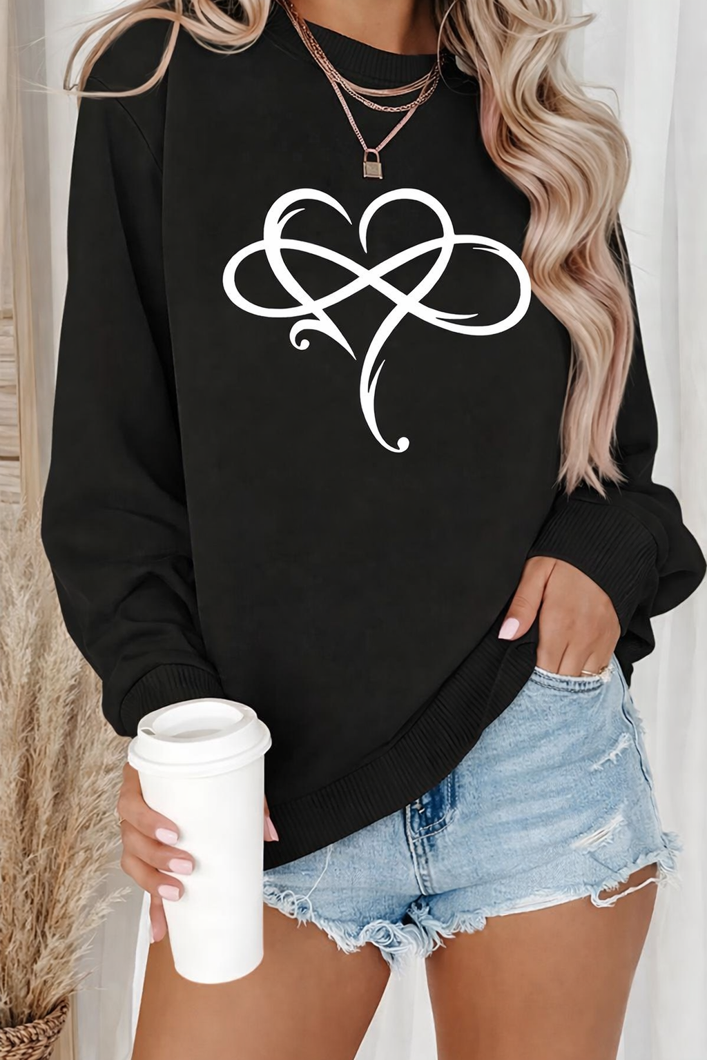 Ahuva - Kalp Desenli Şık Uzun Kollu Polar Sweatshirt