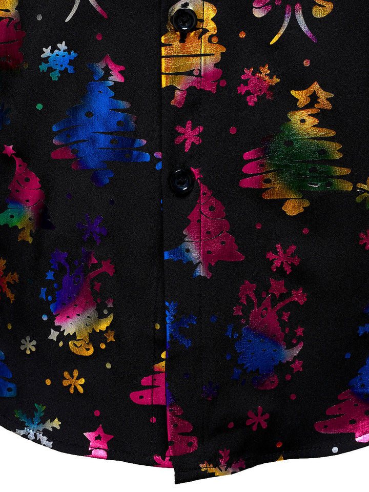 Barrett - Erkekler için Altın Renkli Noel Desenli Normal Kesim Siyah Uzun Kollu Gömlek