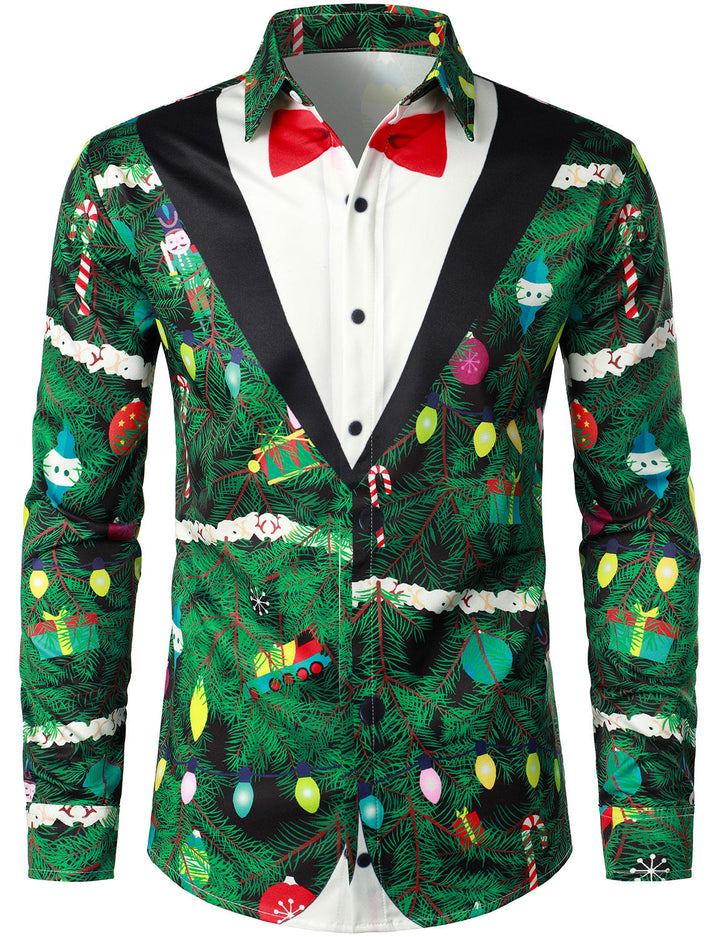 Gason - Erkekler için Noel Ağacı Kamuflaj Desenli Normal Kesim Eğlenceli Kıyafet Temalı Üst Uzun Kollu Gömlek