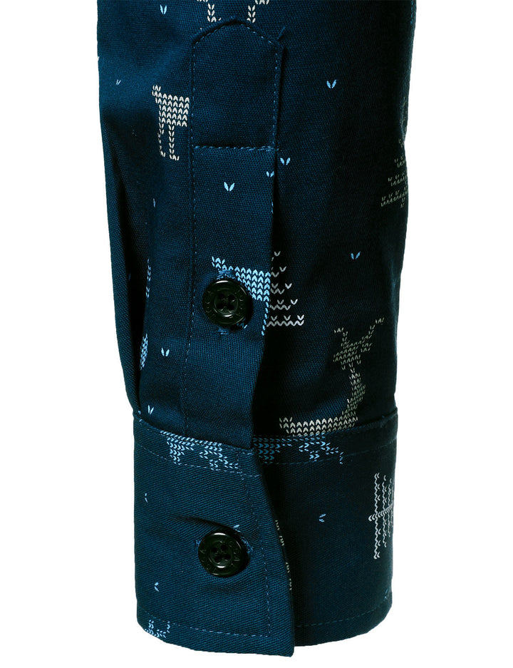 Rowan - Erkekler için Noel Ağacı Geyik Desenli Nefes Alabilir Lacivert Uzun Kollu Gömlek