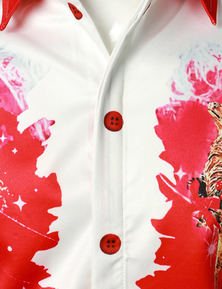 Beau - Erkekler için Noel'den ilham alan kırmızı eğlenceli kıyafet Tatil Düğmeli Uzun Kollu Gömlek