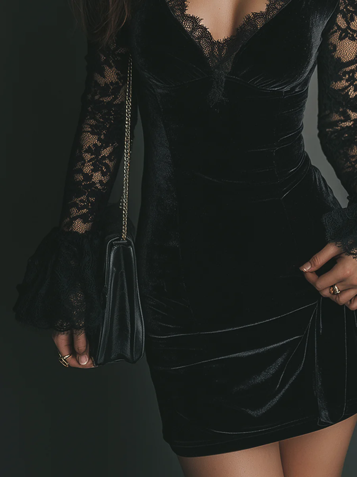 Fiziana - Kadife ve Dantel Mini Elbise