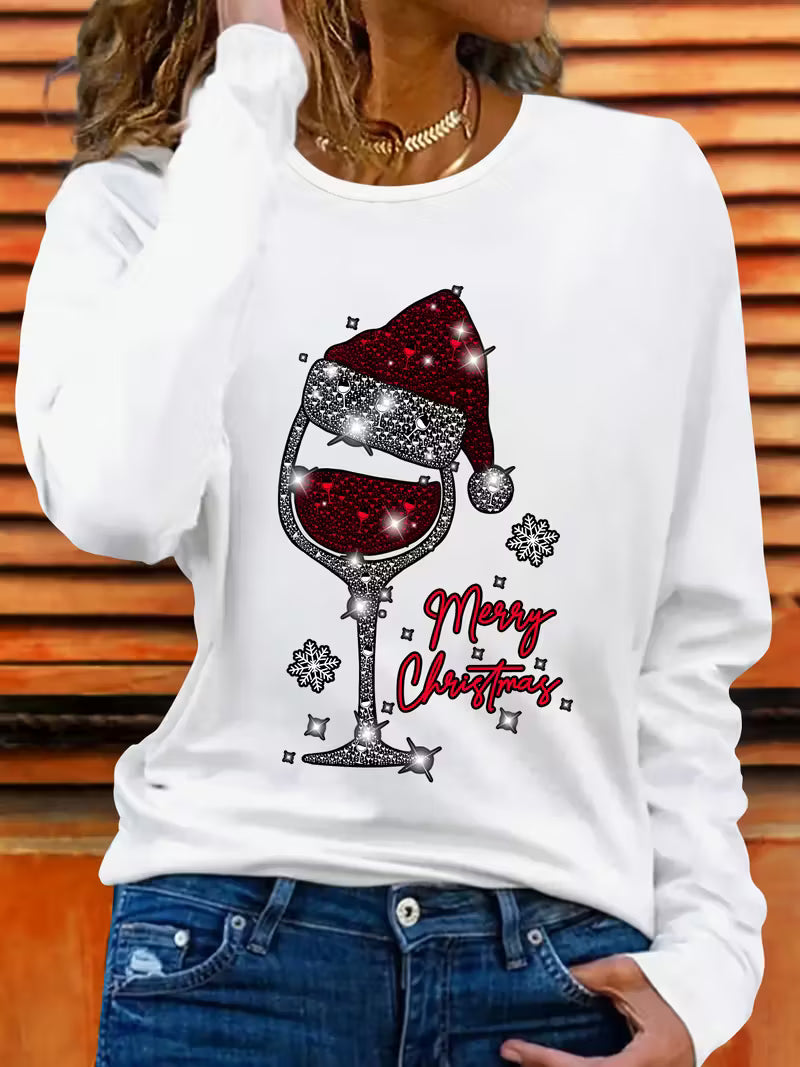 Doreah - Noel Şarap Kadehi ve Noel Baba Şapkası Desenli Kazak