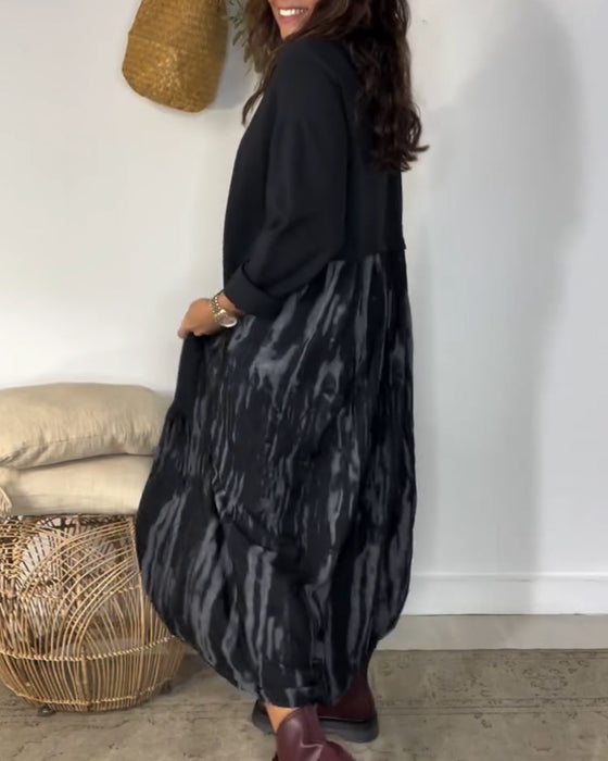 Dragica - Düzensiz Patchwork Desenli Yuvarlak Yakalı Elbise