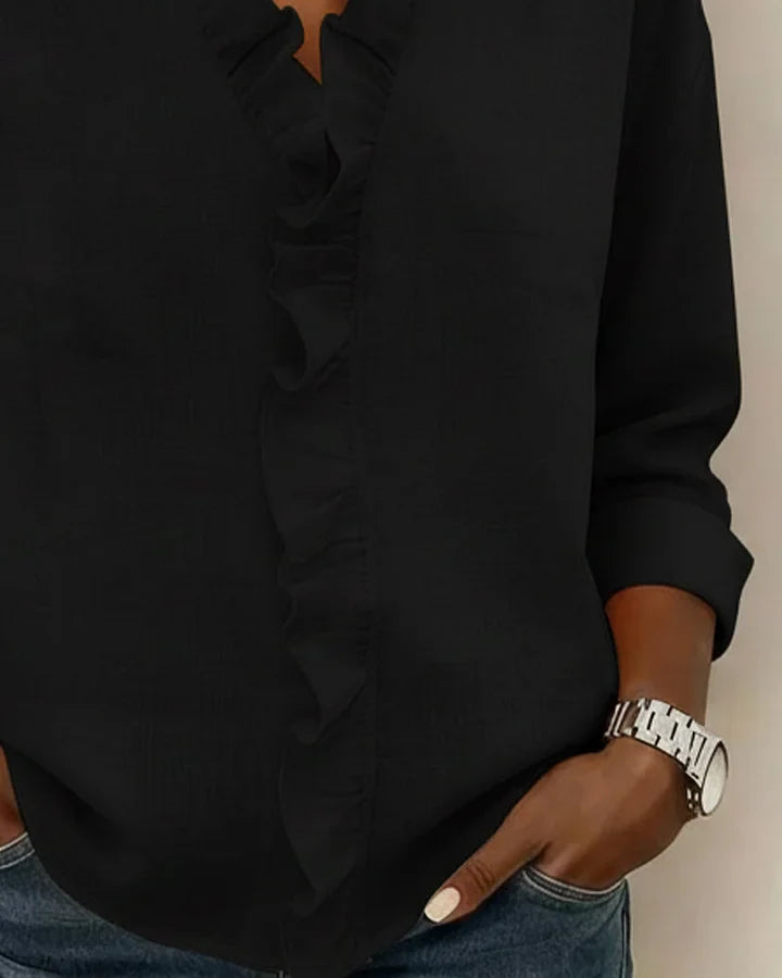 Aletta - Fırfırlı V Yaka ve Uzun Kollu Bluz