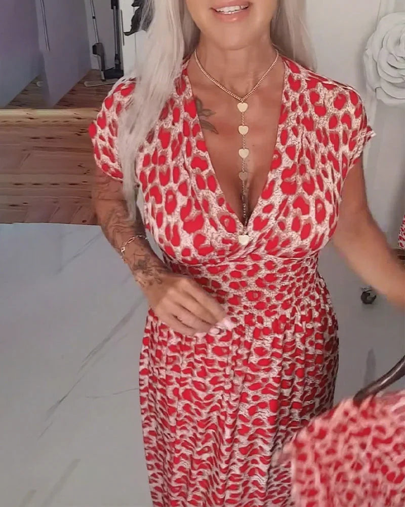 Erendira - Zarif V Yaka Leopar Desenli Elbise