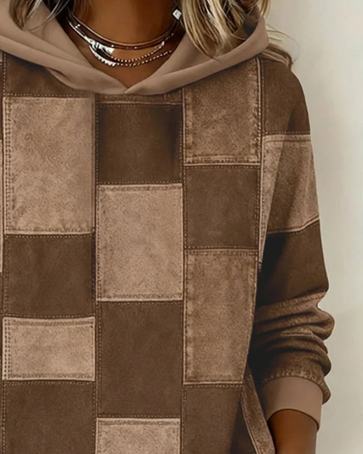 Yaralyn - Şık Ekose Uzun Kollu Kapüşonlu Sweatshirt