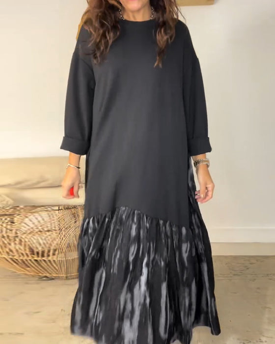 Dragica - Düzensiz Patchwork Desenli Yuvarlak Yakalı Elbise