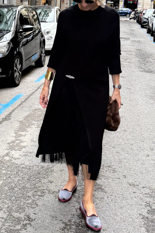 Oona - Drapeli Tül Elbise ve Uzun Örgü Kazak