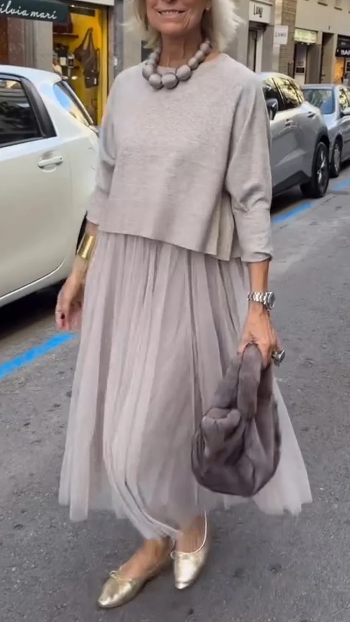 Efrata - Örgü Kazaklı Şık Saten Elbise