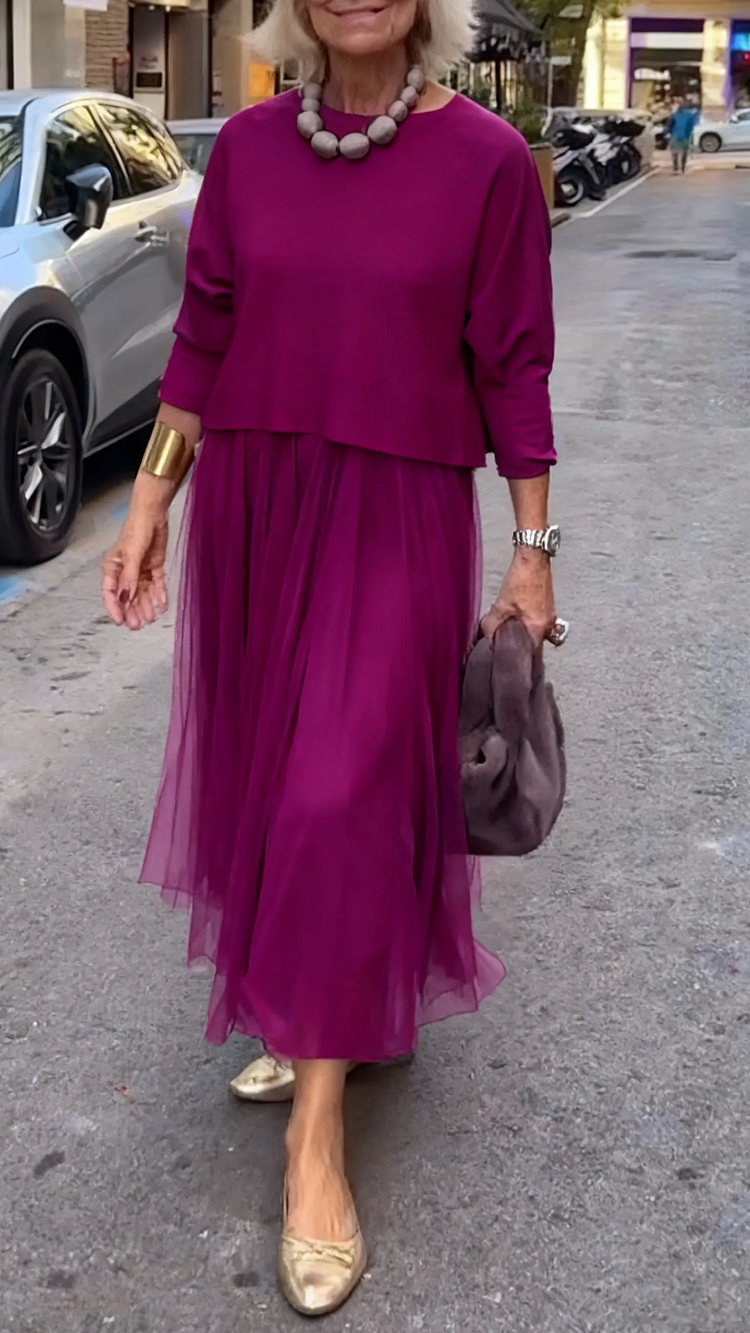 Efrata - Örgü Kazaklı Şık Saten Elbise