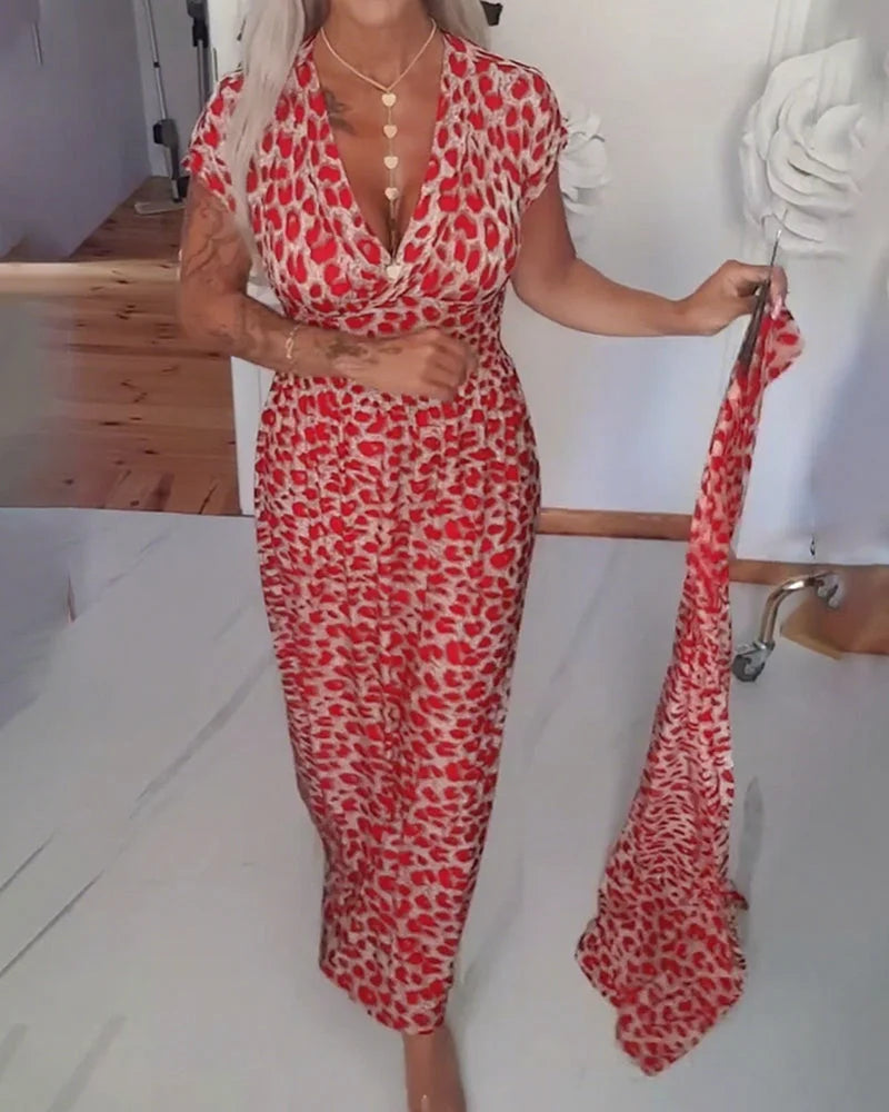 Erendira - Zarif V Yaka Leopar Desenli Elbise