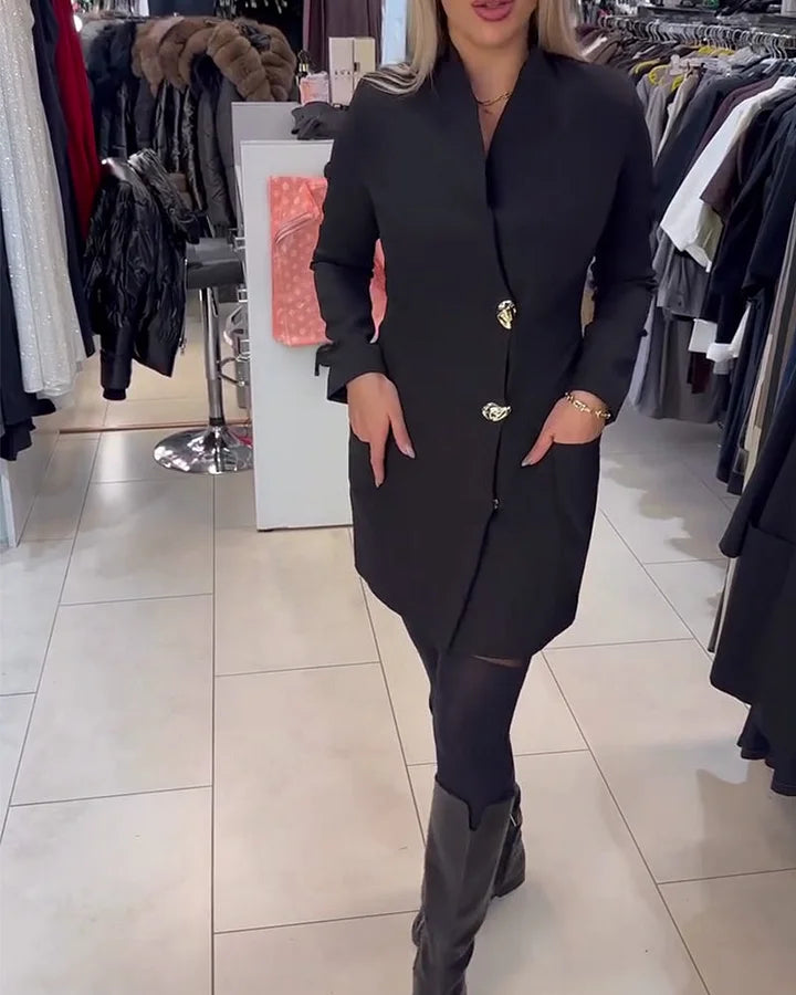 Shireen - Dik Yakalı Metal Düğmeli Elbise