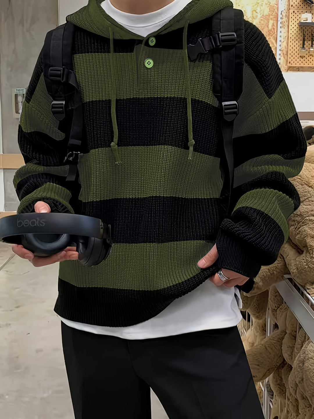 Tenzin - Büyük Boy Çizgili Örgü Kapüşonlu