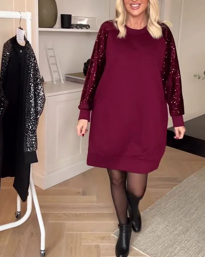 Cunningham - Bisiklet Yaka Uzun Kollu Payetli Elbise