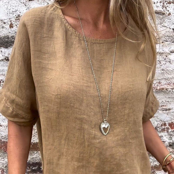 Yashira - Yuvarlak Yakalı Pamuklu Keten Bluz