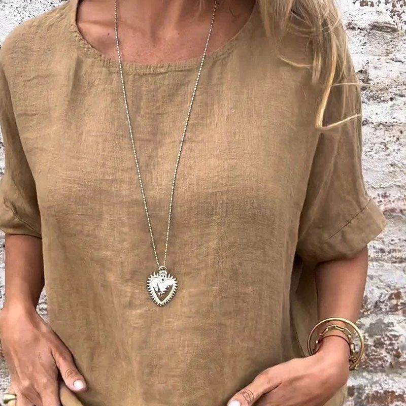 Yashira - Yuvarlak Yakalı Pamuklu Keten Bluz